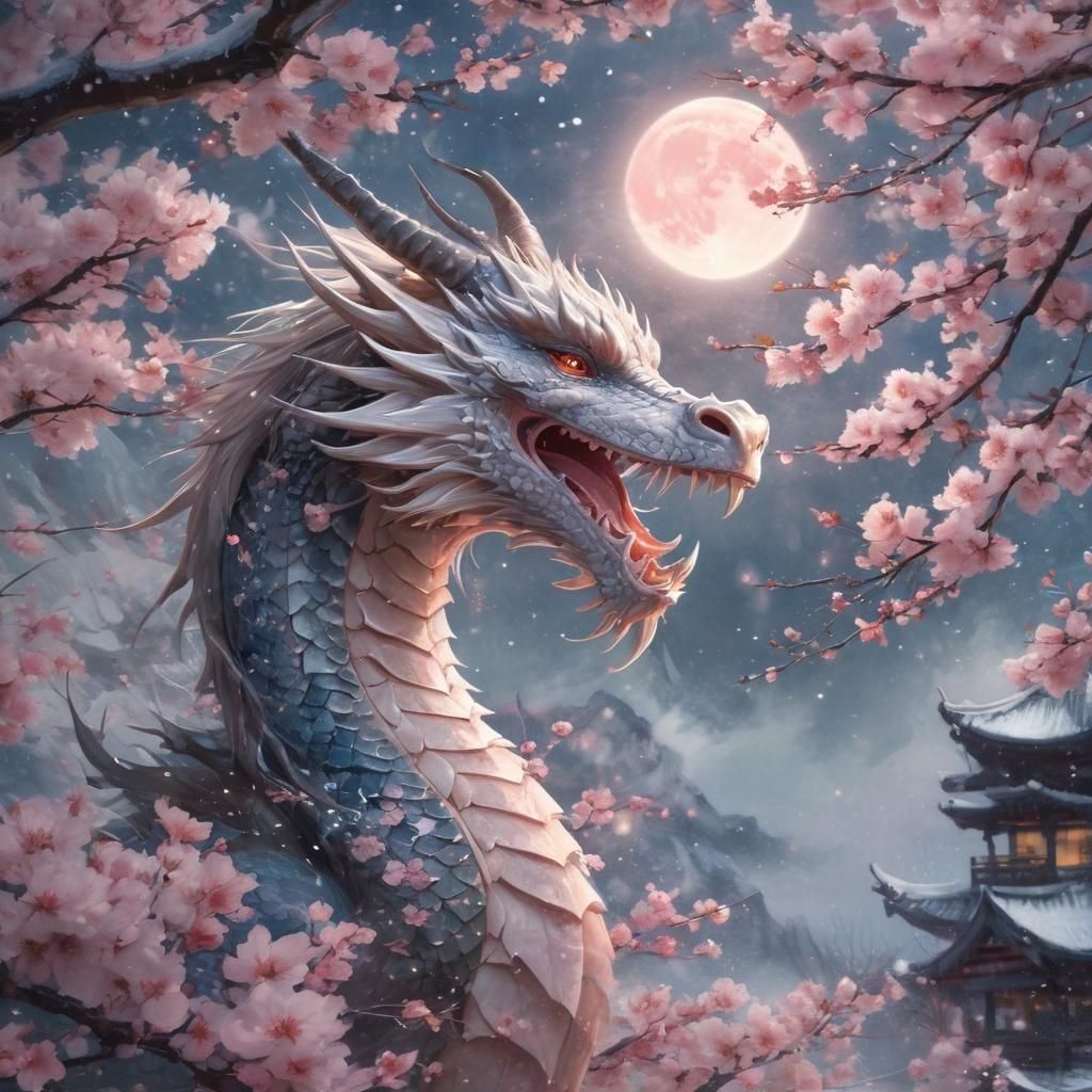 Japanese Ice Dragon in Snowy Cherry Blossom Garden