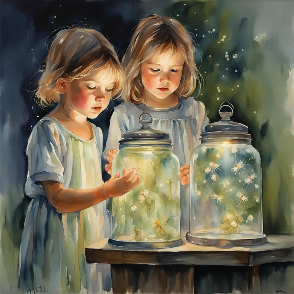 Children Catching Fireflies: Watercolor Painting