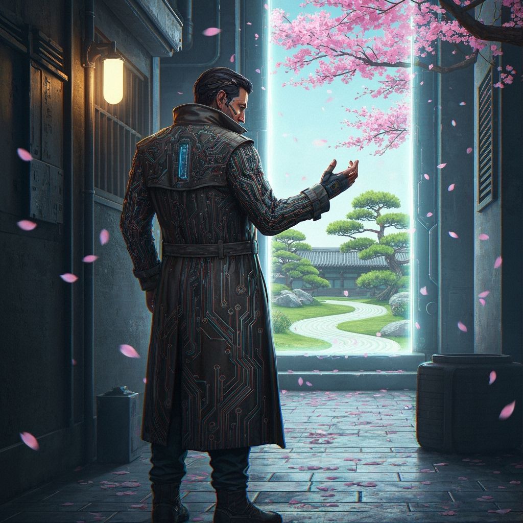 A futuristic cyberpunk detective stands in a dimly lit alleyway, investigating a shimmering portal that leads to a tranquil, ancient Zen gar...