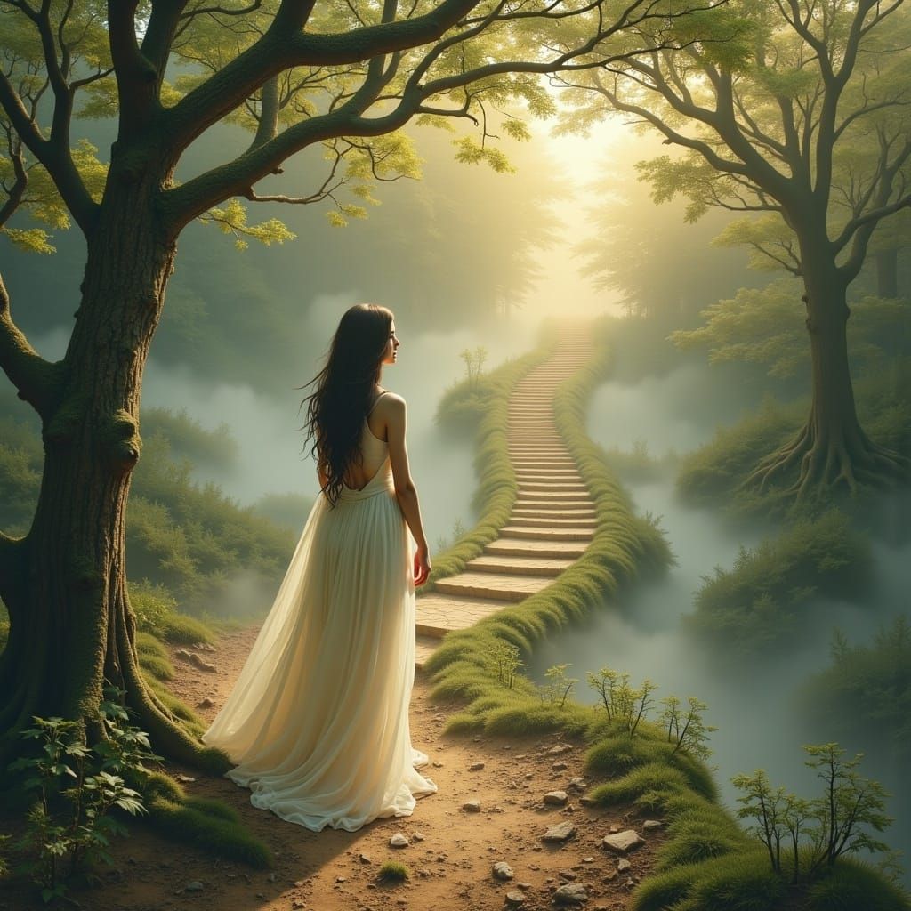 Ethereal Woman Ascends Stairway to Heaven in Dreamy Landscap...