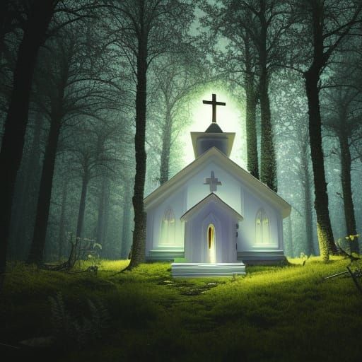 Florescent glowing little white church, a couple, dark forest ...