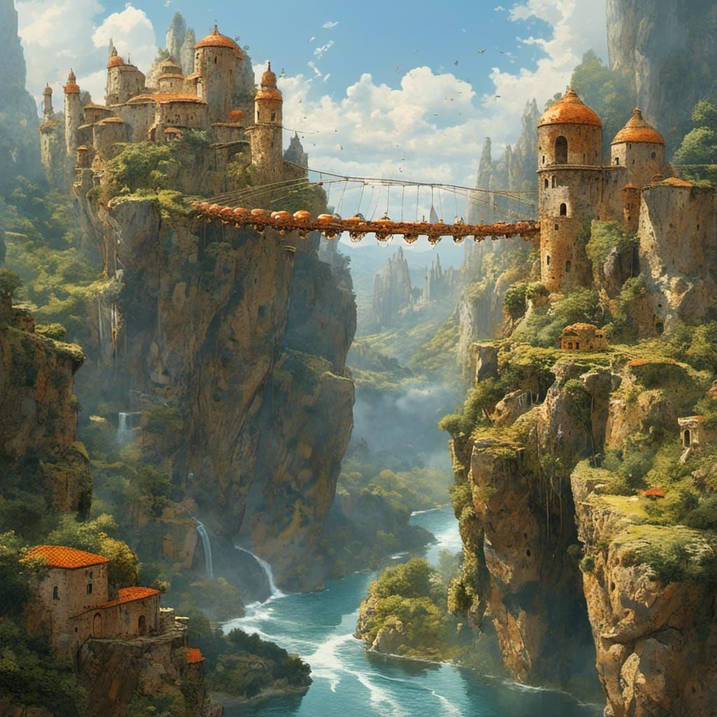 <lora:MJ6 Surreal Builds:1.0> Suspended Suspension Bridge: A suspension bridge that hangs in mid-air without any visible support, defying t...