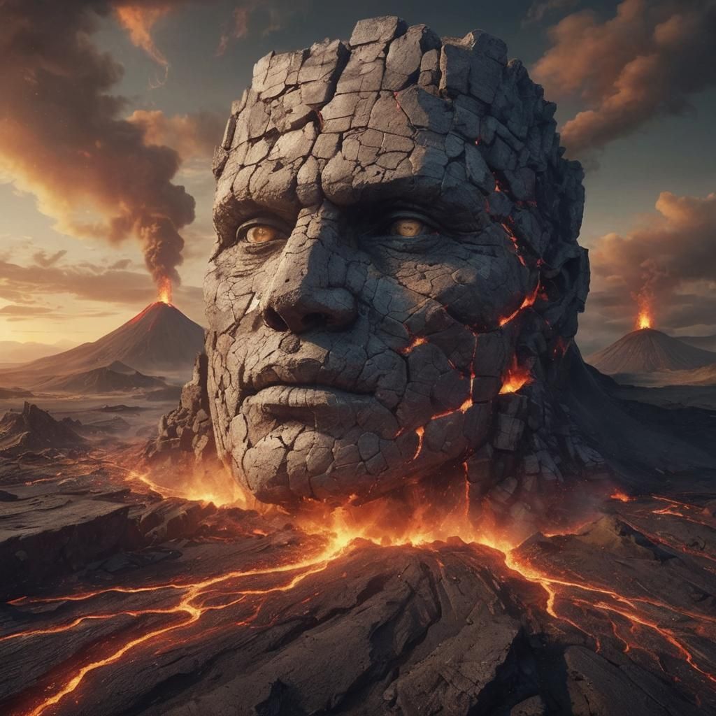 Create a scene where a colossal, fragmented stone  face emer...