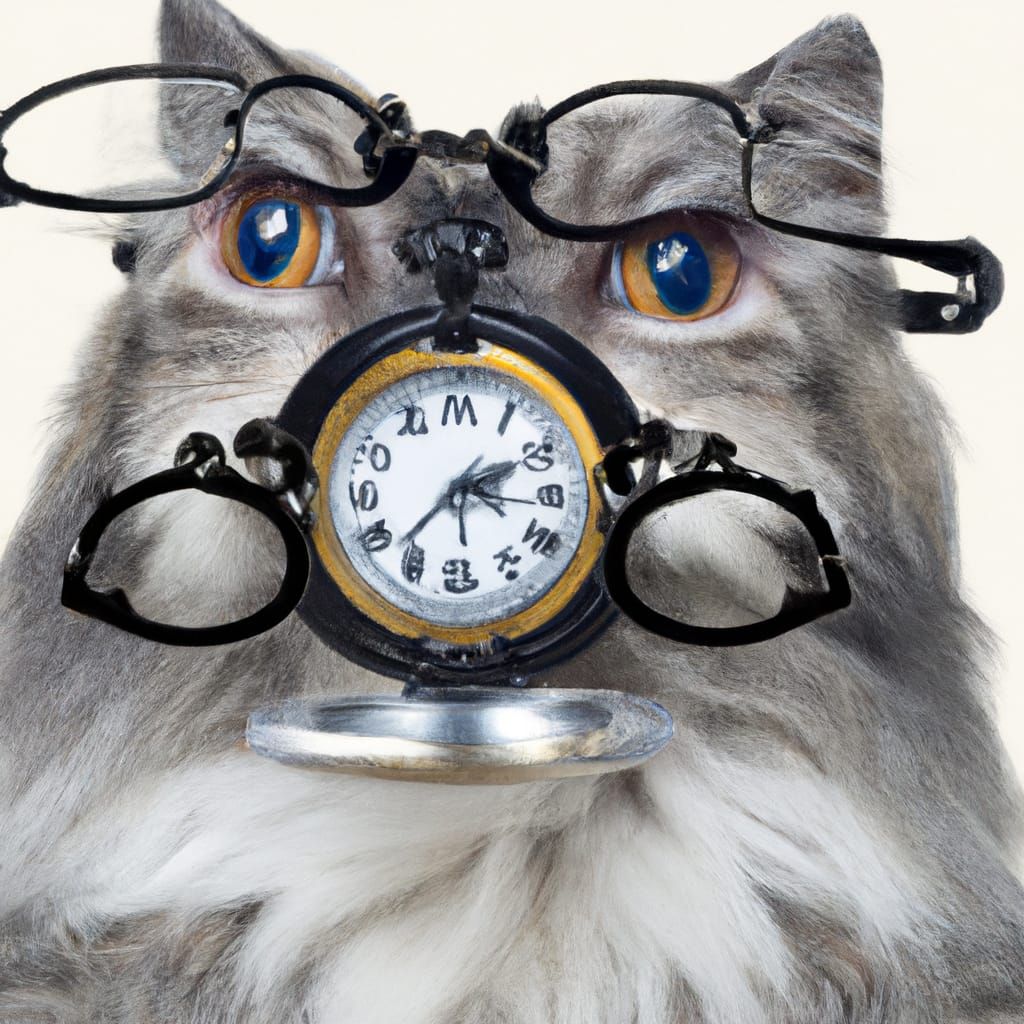 A dog and cat hybrid with spectacles and a pocketwatch
