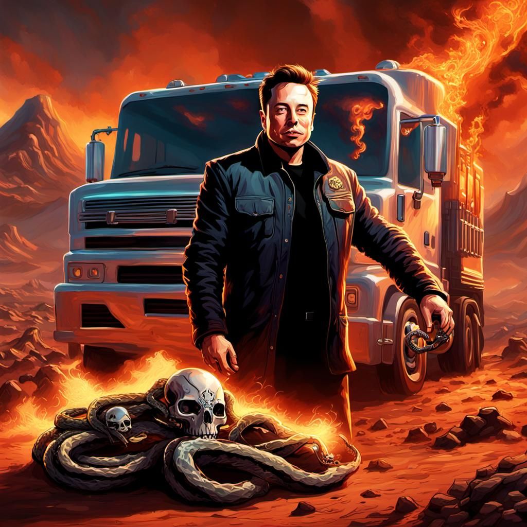 Happy Elon Musk with snakes hair on fire holding a black chr...
