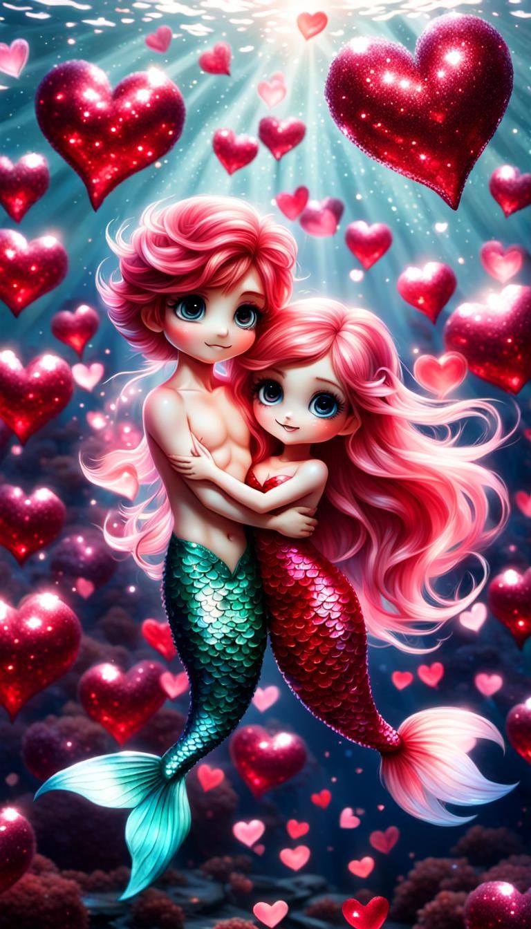 very cute tiny mermaid Little girl mermaid and little boy me...