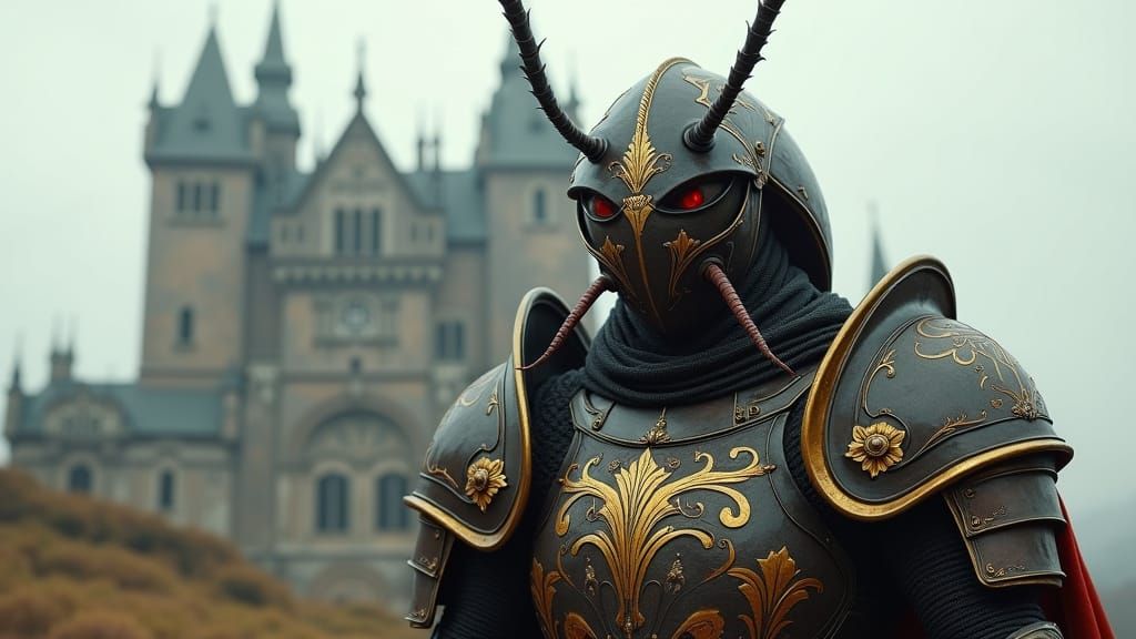 A hyper-realistic humanoid/cockroach hybrid, with majestical and royal-looking knight armor. The castle behind him is elegant and humongous.