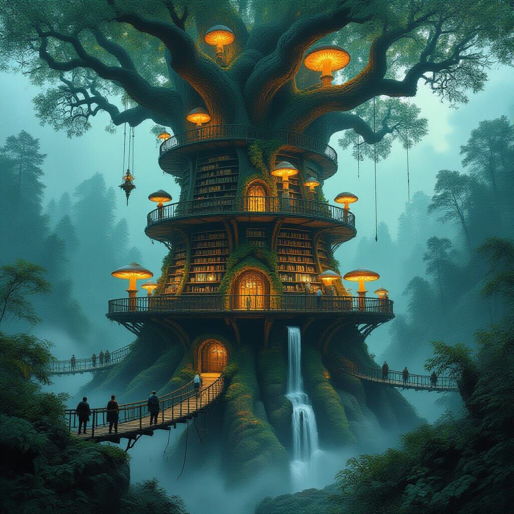 Ancient Tree Library with Glowing Mushrooms