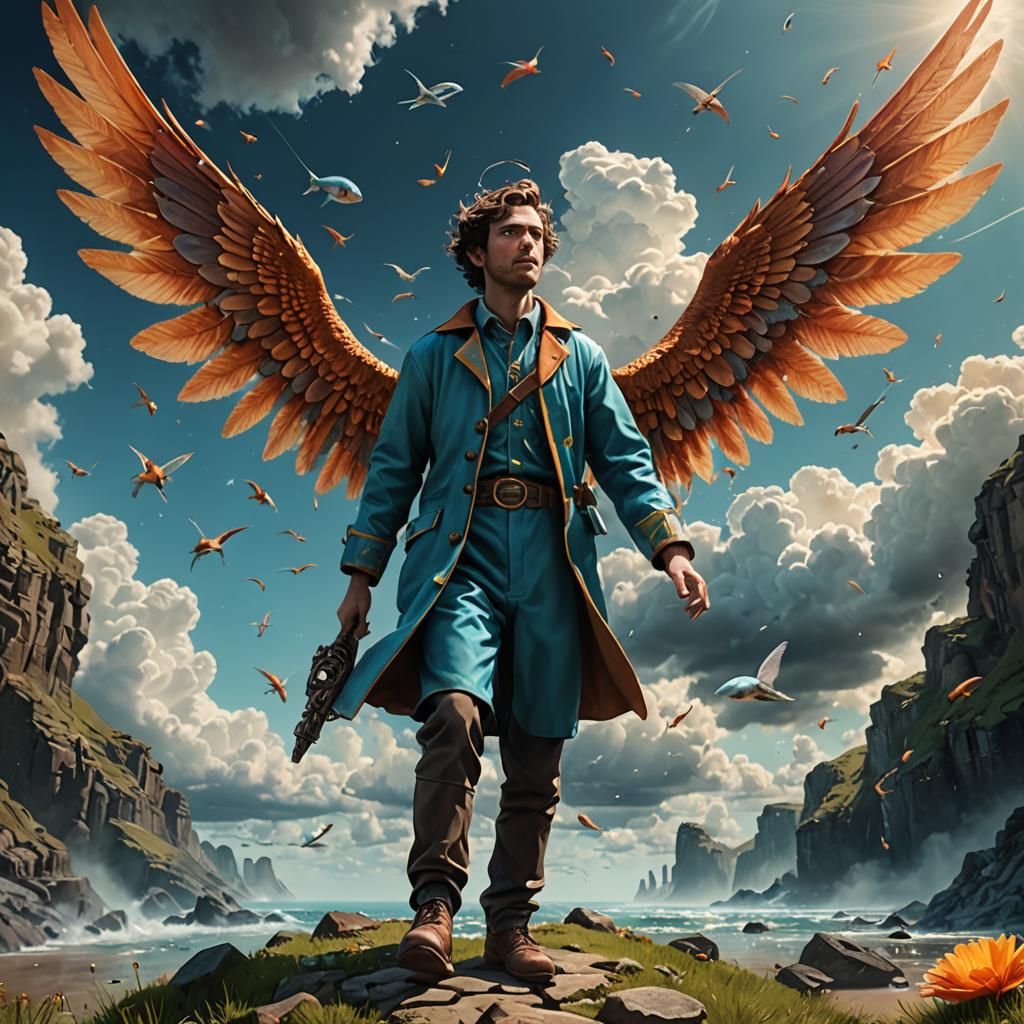 " Anjo guerreiro ando no céu Eldritch Jordan Grimmer cores tetrádicas romanesco lente olho de peixe longa exposição surrealismo finalRender...