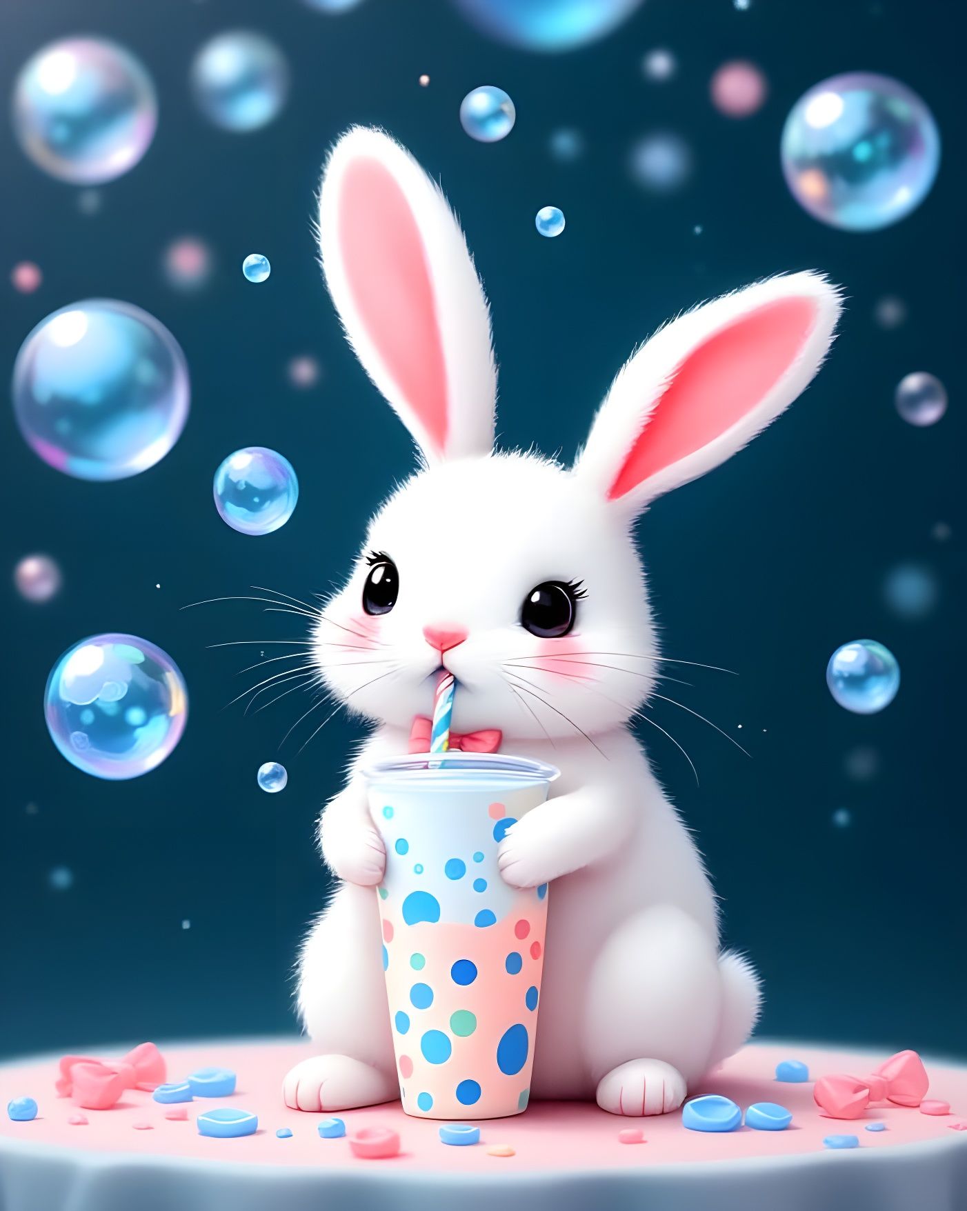 Kawaii Bunny with Bubble Tea Bubbling Heavenward  by @Gary Murakami