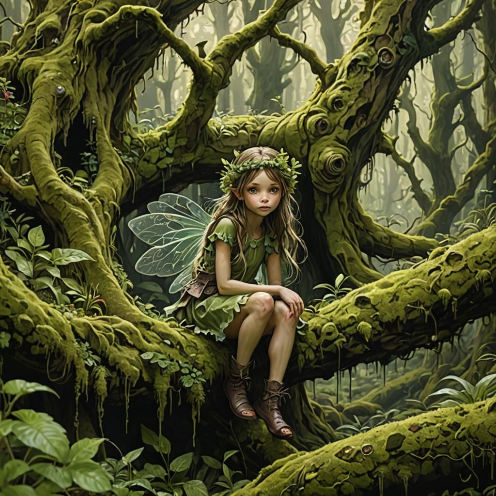 Fairy girl hiding in mossy tree forest  by @Kendo 666