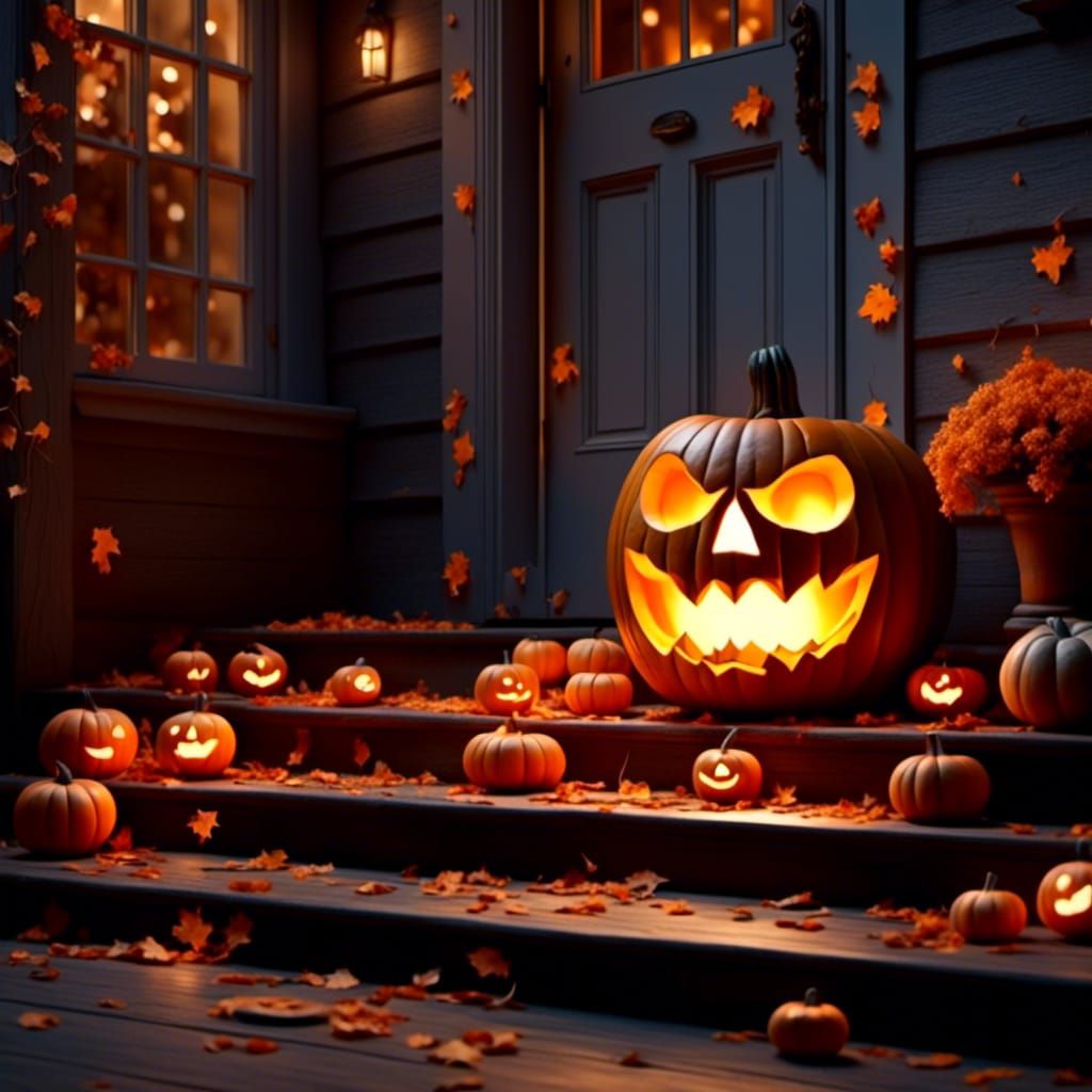  <lora:Ornamental:1.0> A carved jack-o'-lantern glowing on a porch, with fallen leaves scattered around it