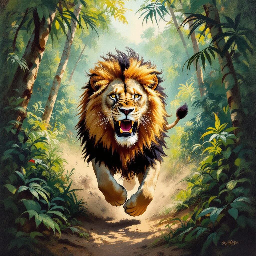 Majestic Lion Runs Through Jungle in Vibrant Painting Style