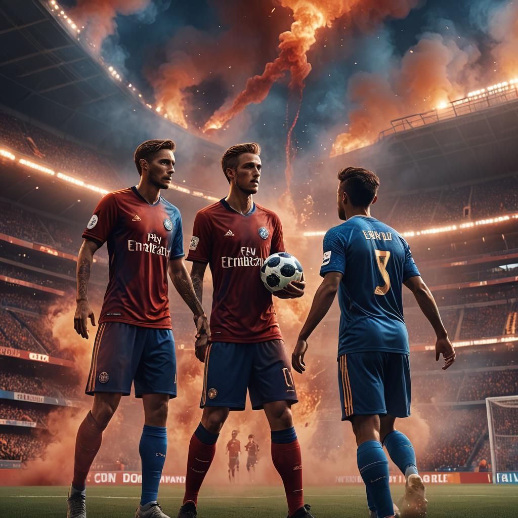 2 soccer players standing next to each other with red smoke surrounding them