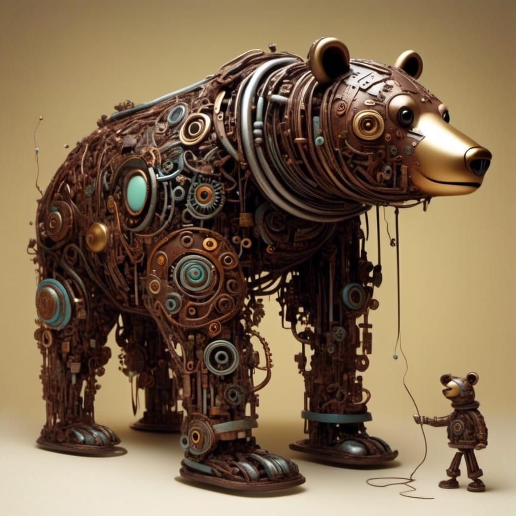 <lora:Alien MooOOn:1.0> Mechanical brown bear made out of scrap metal parts, steam punk, highly detailed, by Dan Mumford, by Dan witz, By Ma...