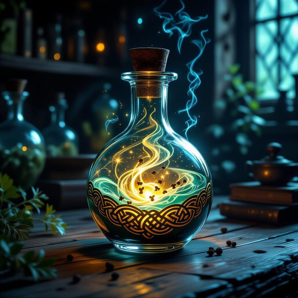 Magical Potion with Glowing Cloves in Celtic Vial