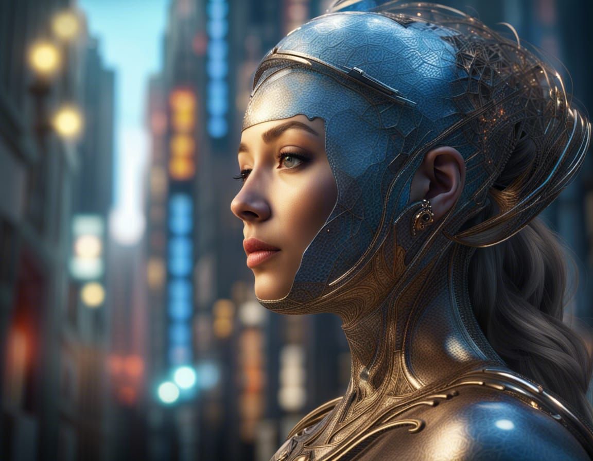 Dos, color corrected, fine lines, hyper detailed line drawing, enchanted cyborg, close up face, straight ...  by @Lennis