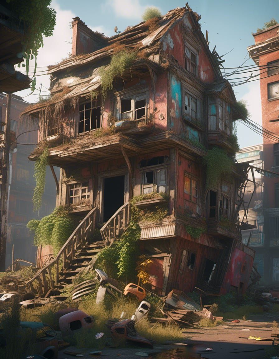((insanely detailed abandoned  rusty strangle vine dilapidated houses perched on Liberty Statue, dystopian post-apoclyptic)) in <lora:Dystop...