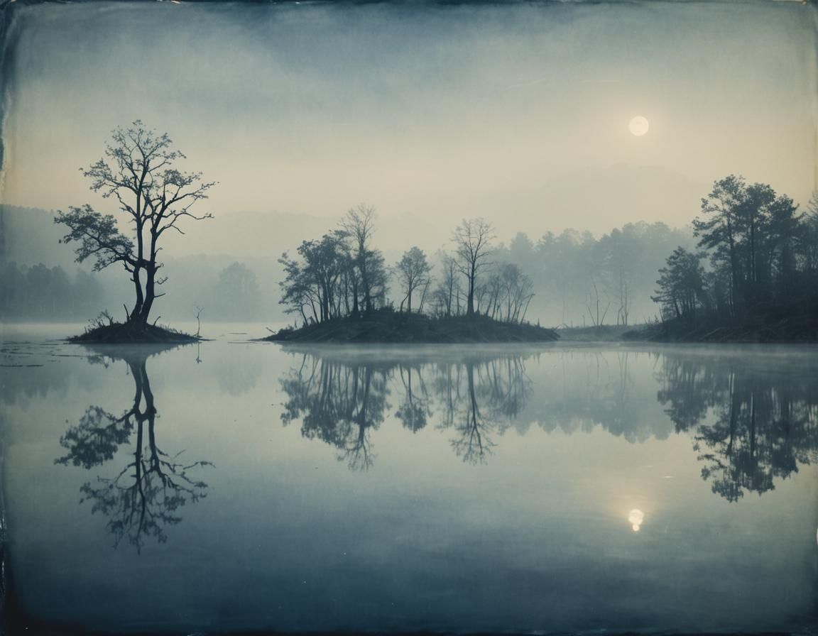 Ethereal Cyanotype Landscapes Distant Shot Long Neck Cryptid...