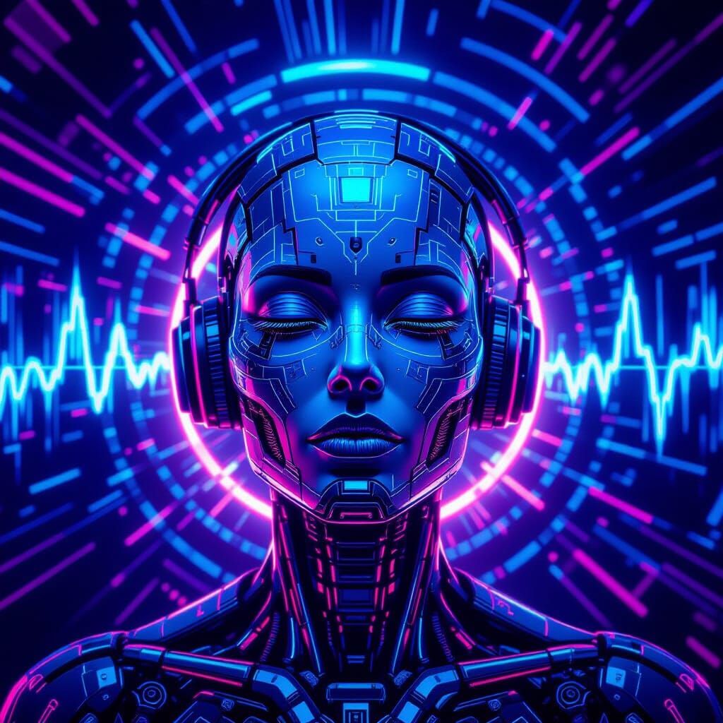 Stylized Cyborg Face in Neon Digital Art Style