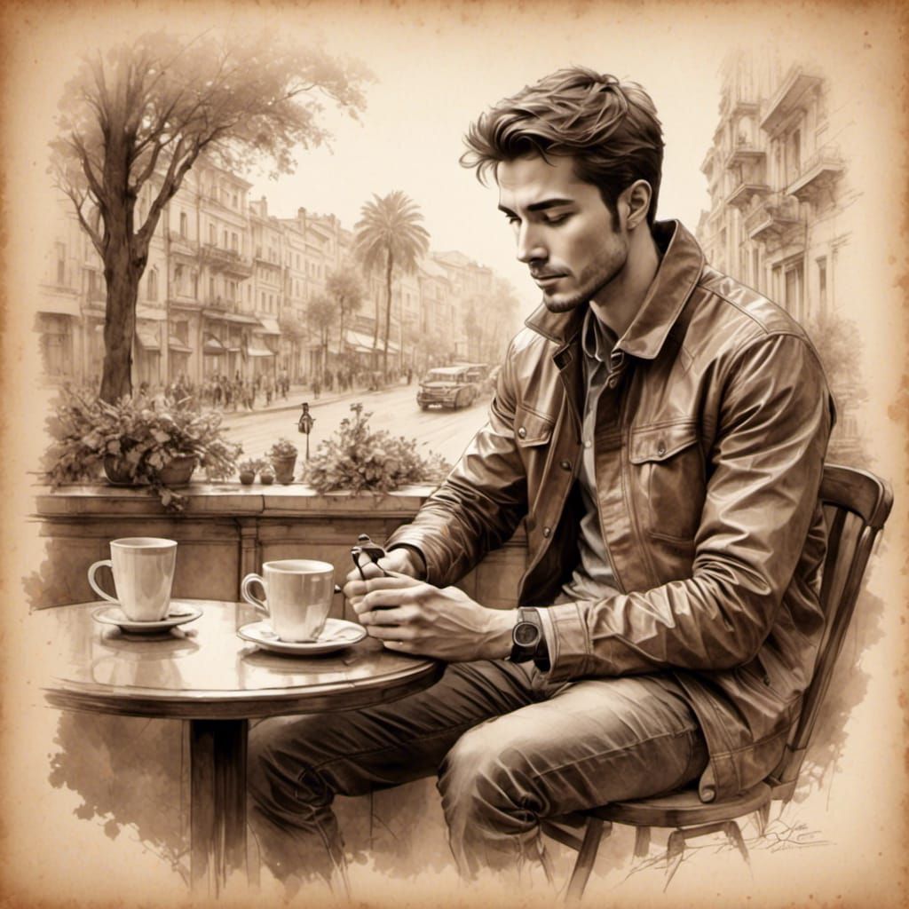 <lora:sMOre:1.0> A parchment paper sketch of a handsome man, faint fading cafe background