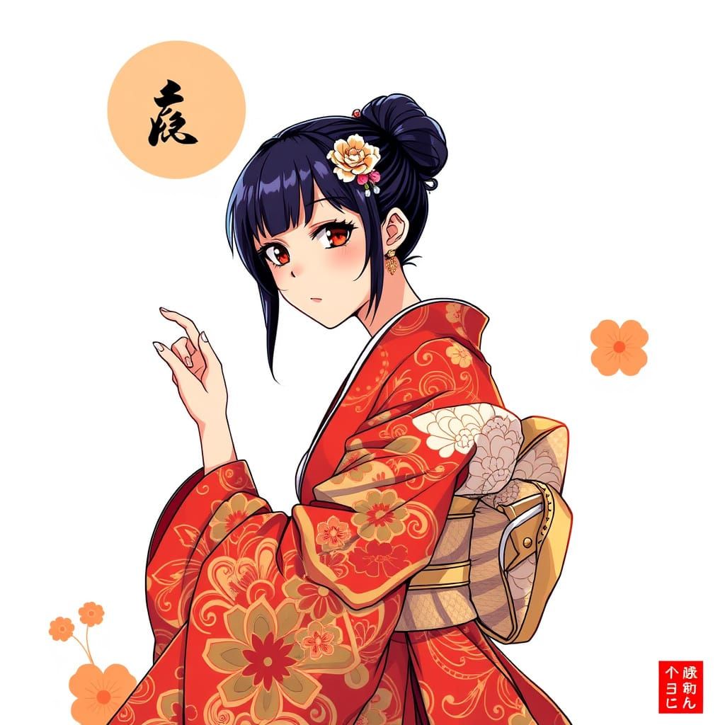 Anime Woman in Kimono: Manga-Inspired Illustration