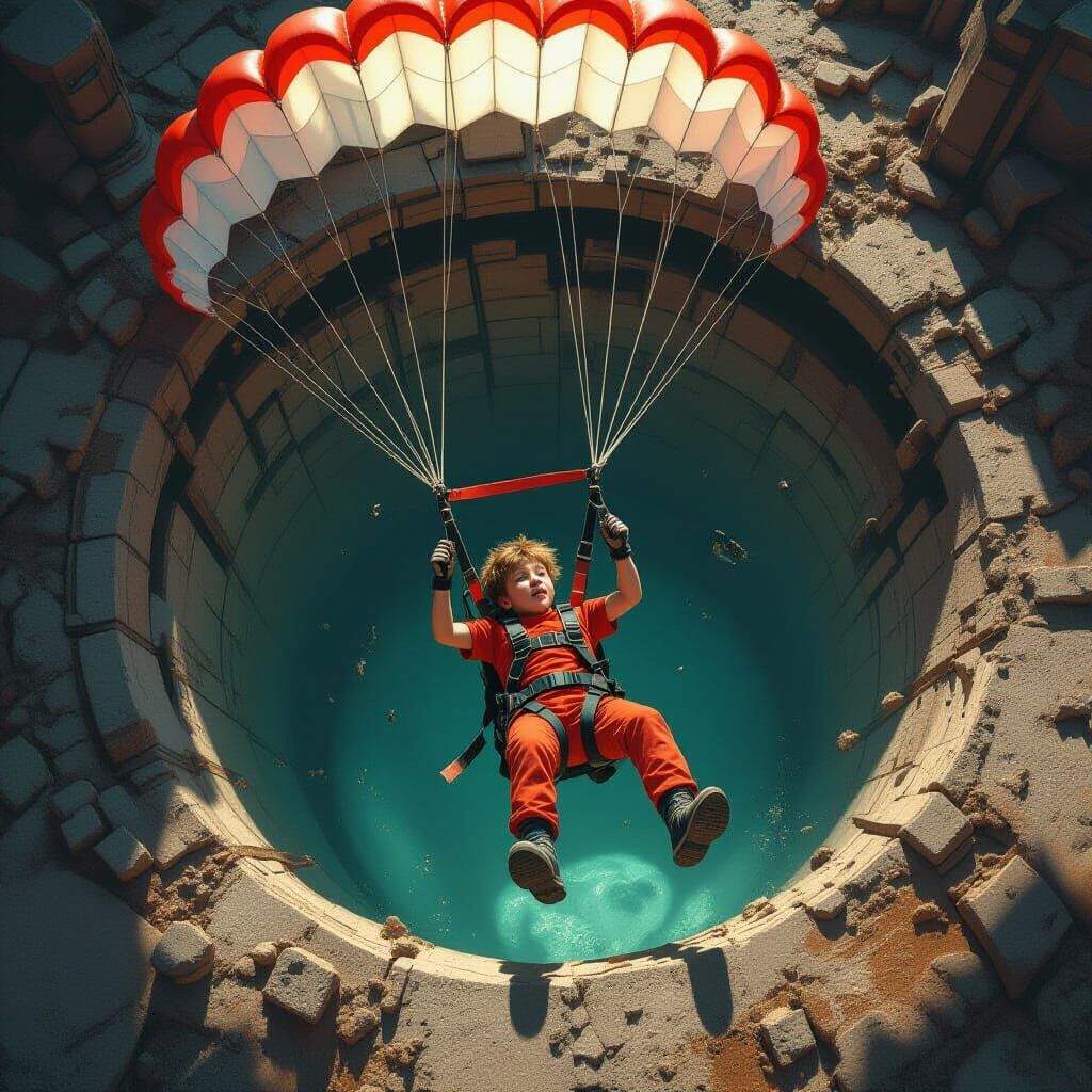 Boy's Parachute Descent into a Detailed Pit