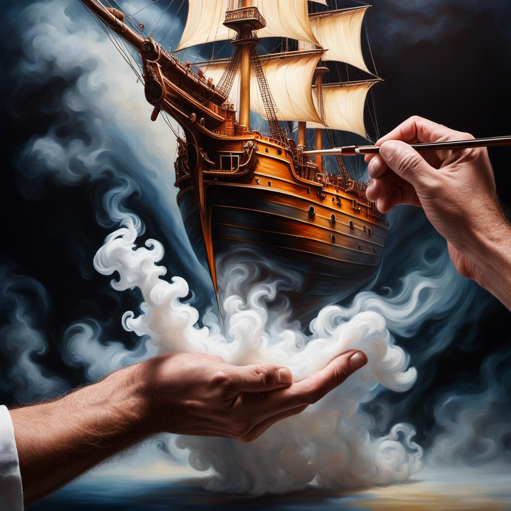 Hands Painting Translucent Warship in Oil