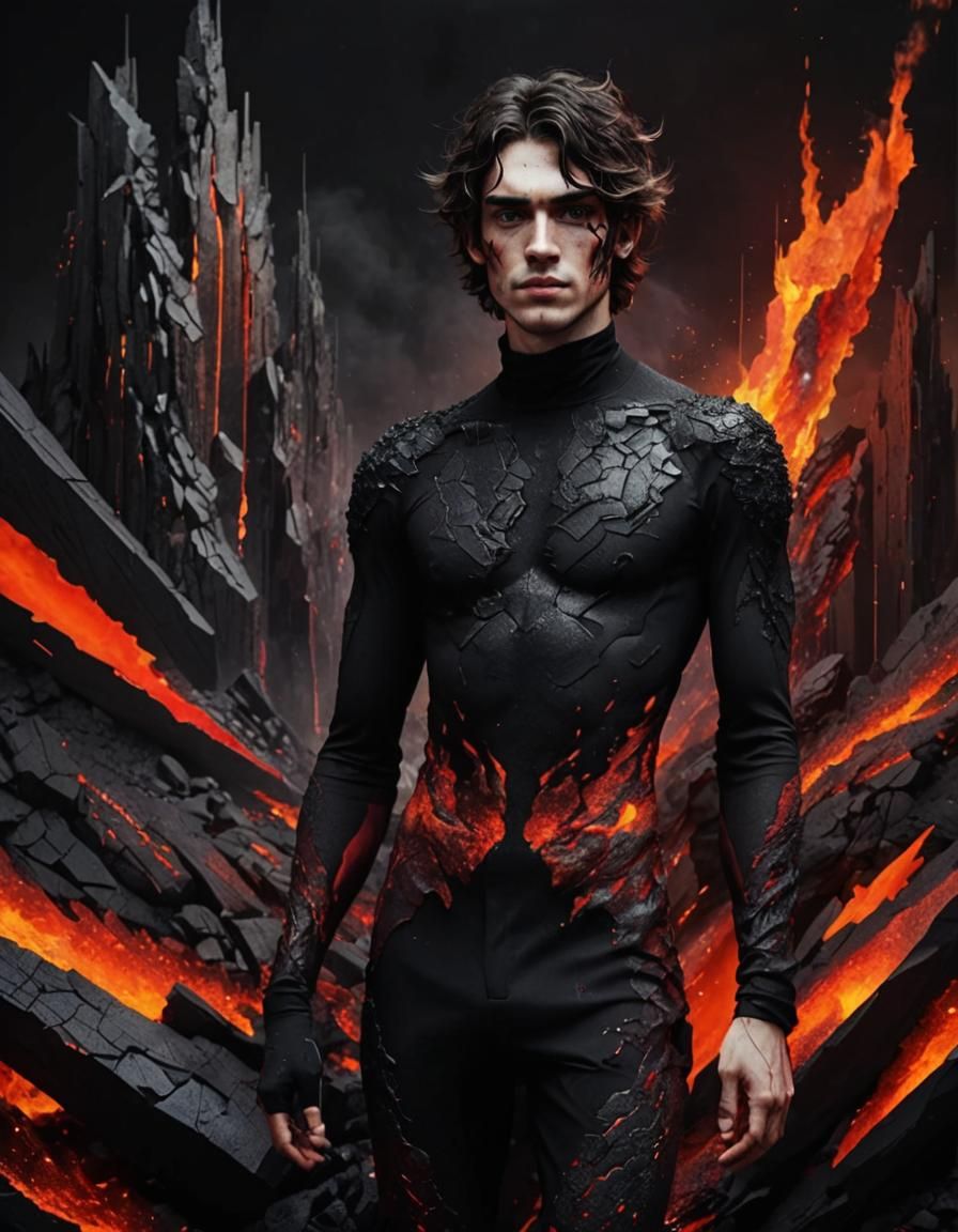 His body is made of moving dark lava, young scruffy man was ...