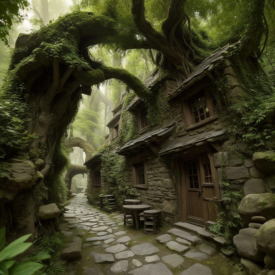 This gnarled old alleyway gave way into an ancient cove where a weathered mystical tavern has been for hundreds of years.  by @Whim Gruent