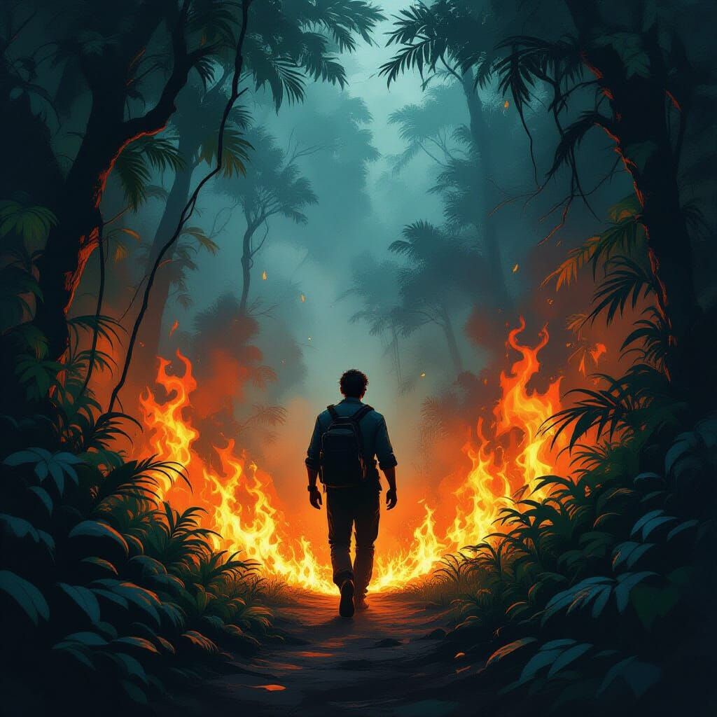 Man Unaware of Jungle Fire in Dark Fantasy Style