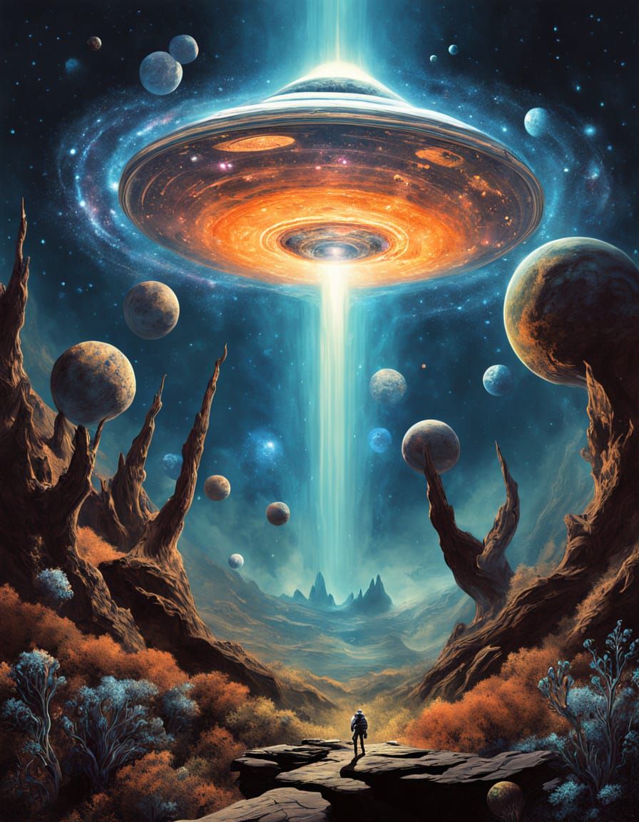 A solitary astronaut adrift in a nebula of swirling cosmic dust, reaching out towards a giant, bioluminescent alien plant that seems to puls...