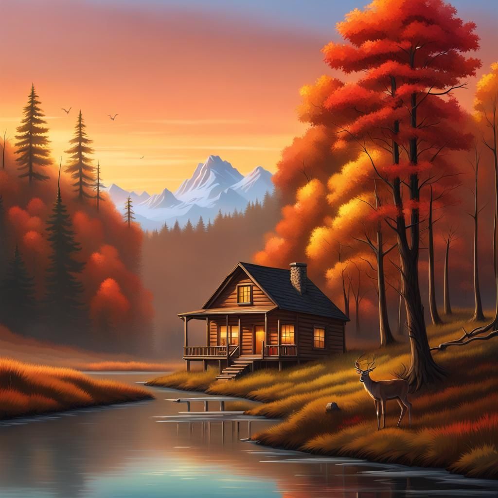 Autumn Cabin Landscape in Bob Ross Style