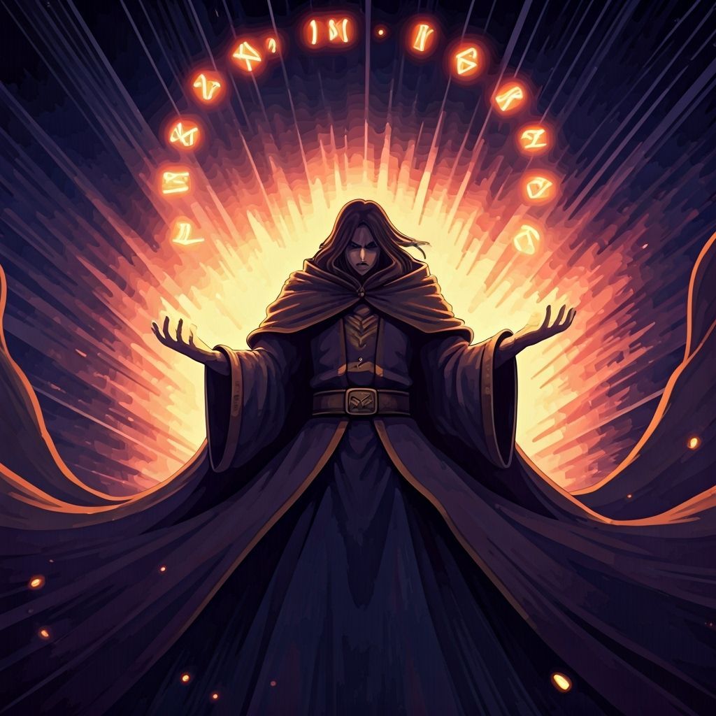 Wizard Casting Spell with Glowing Runes in Studio Trigger St...