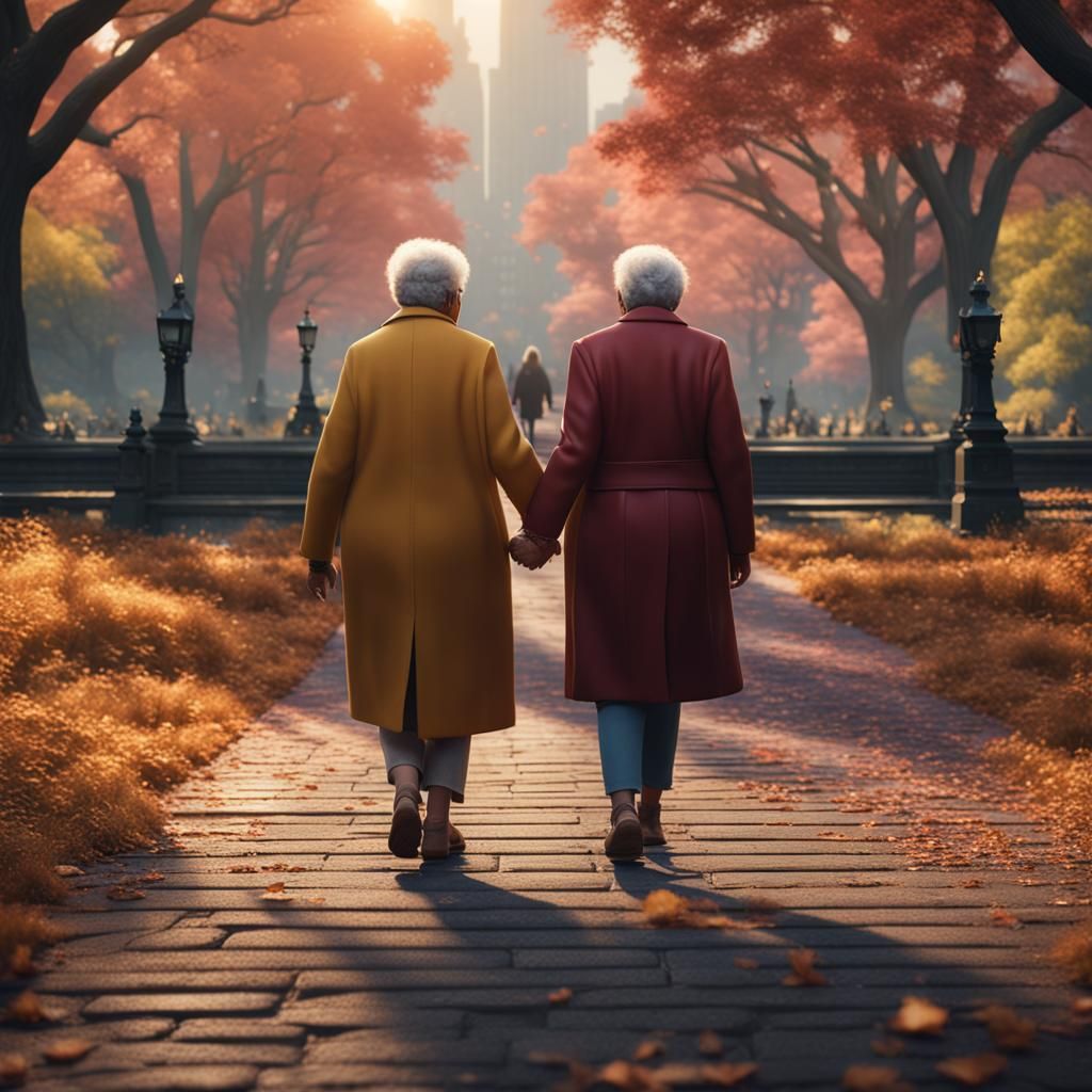 Older lesbian couple holding hands while walking in Central ...