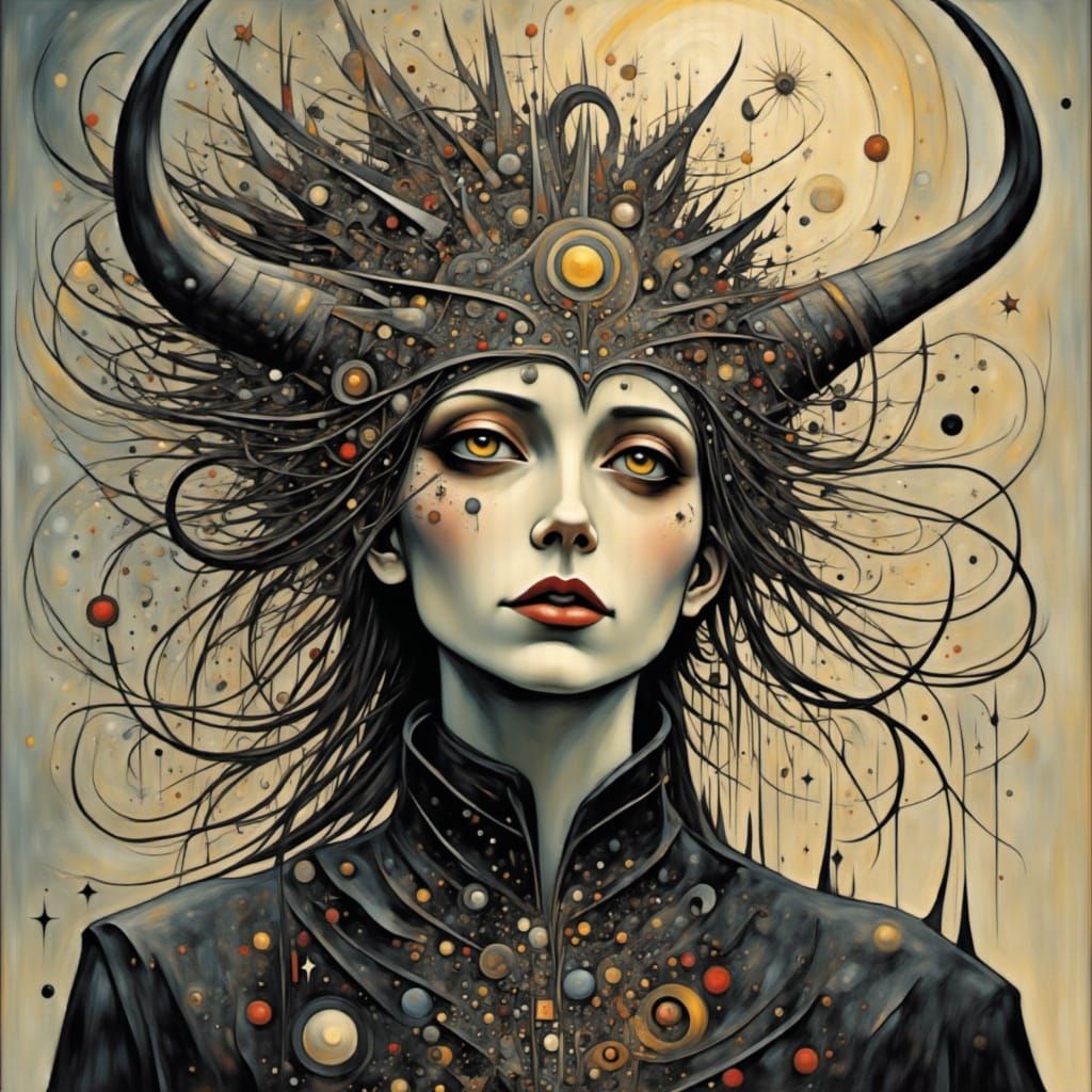 Star spiked woman of winged horned facade <lora:Inked Sky:1.0>