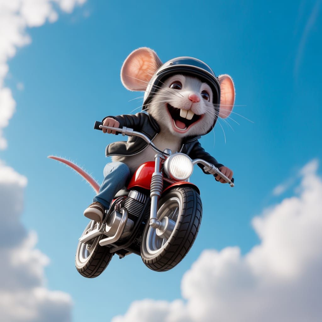 Mouse Daredevil Soaring on Motorcycle in Cartoon Style
