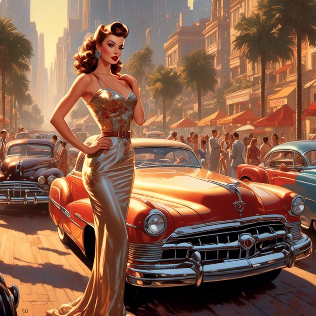 beautiful pin-up standing by car meet <lora:pin-up:1.0> 