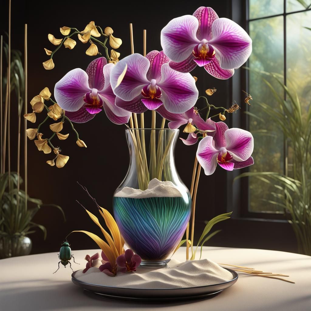 Large orchid, multiple colored flowers with diamond stems an...