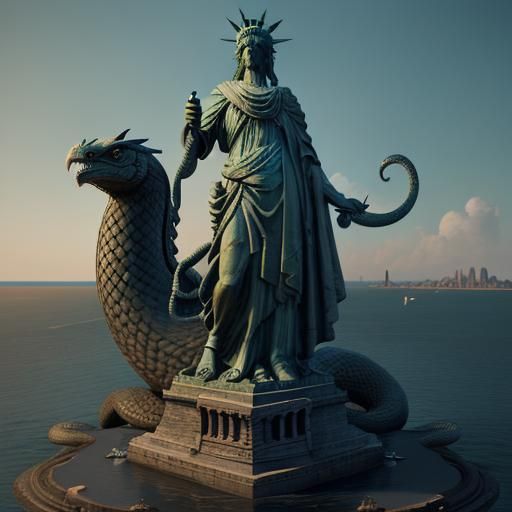 The statue of liberty with a cobra snake around her neck