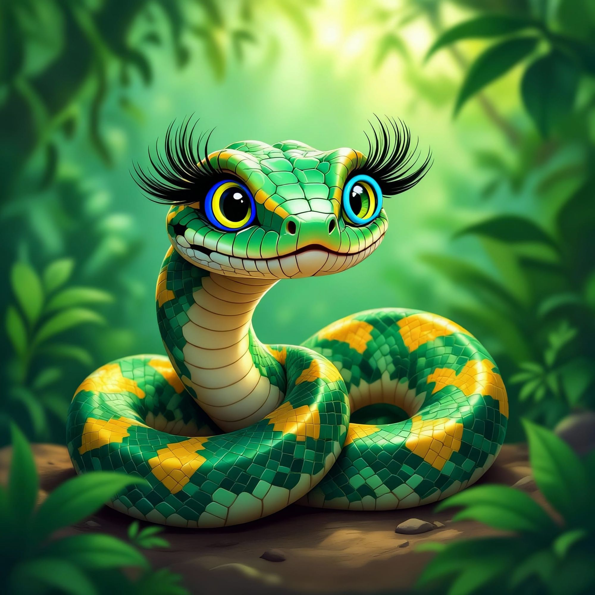 Female Indian rock Python hypnotized with cartoonishly large eye lashes 