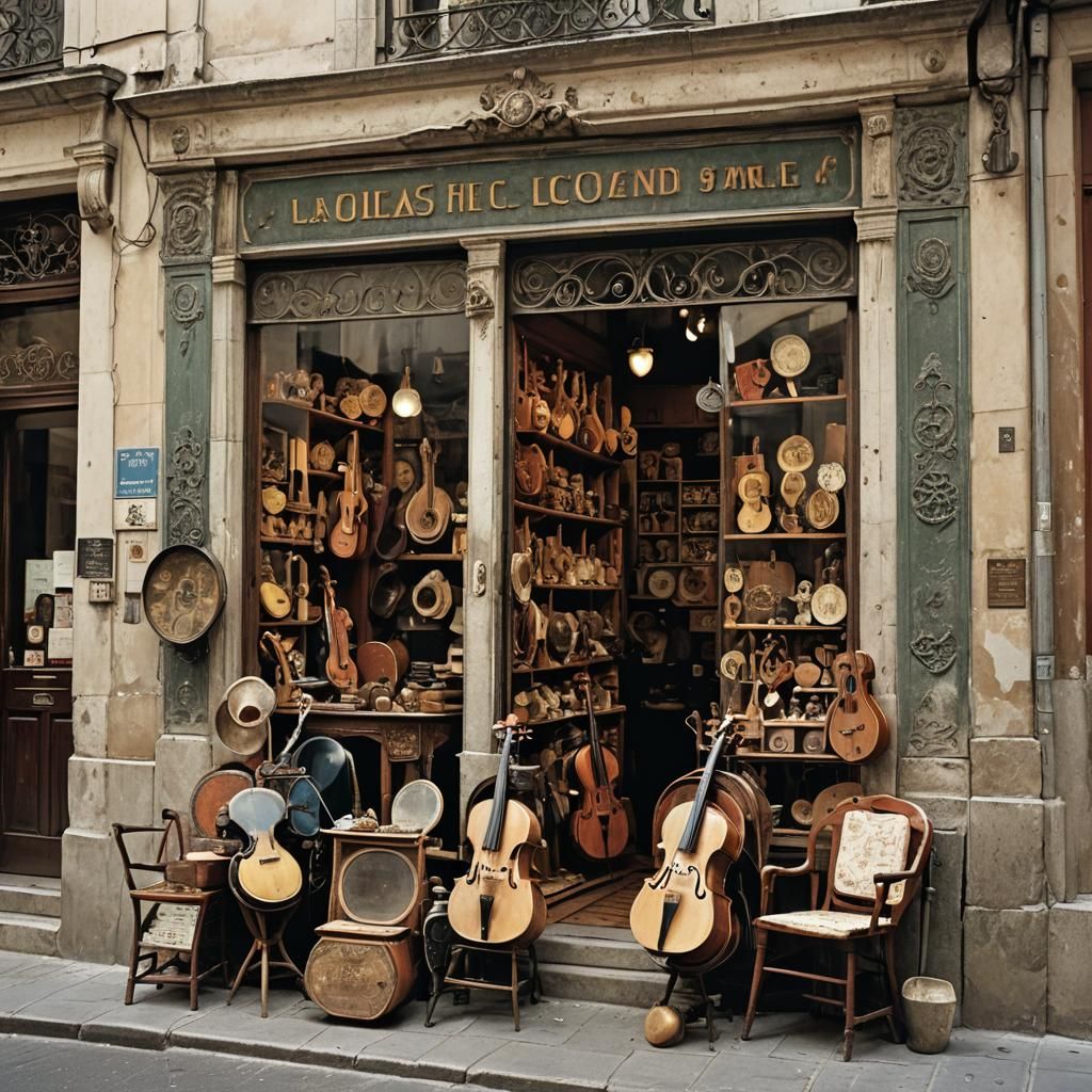 "An antique shop storefront in Lisbon in the 1960s. The shop's facade is charmingly old-fashioned, with ...  by @Maria Simoes Coelho