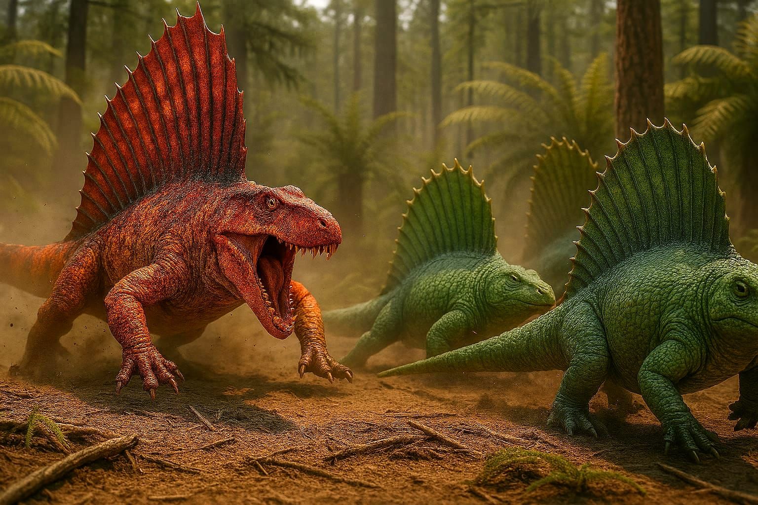 Dimetrodon hunting Edaphosaurus during Permian period