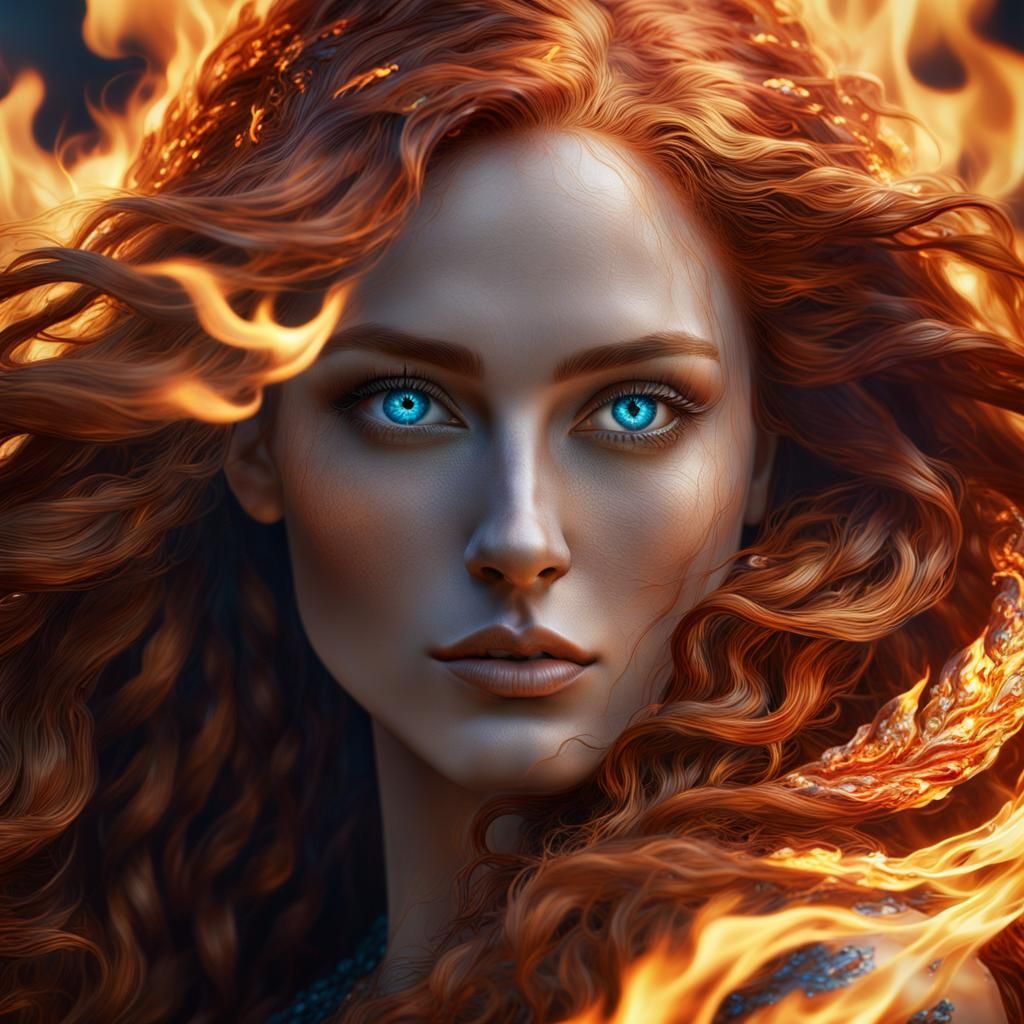 Portrait of a gorgeous highly detailed young lady made of flames ...