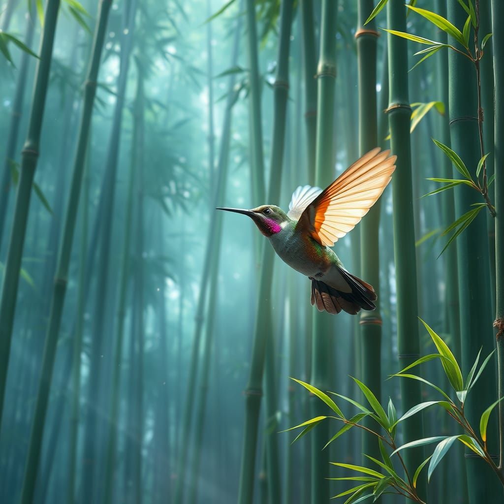 Enchanted Bamboo Forest with Iridescent Hummingbird