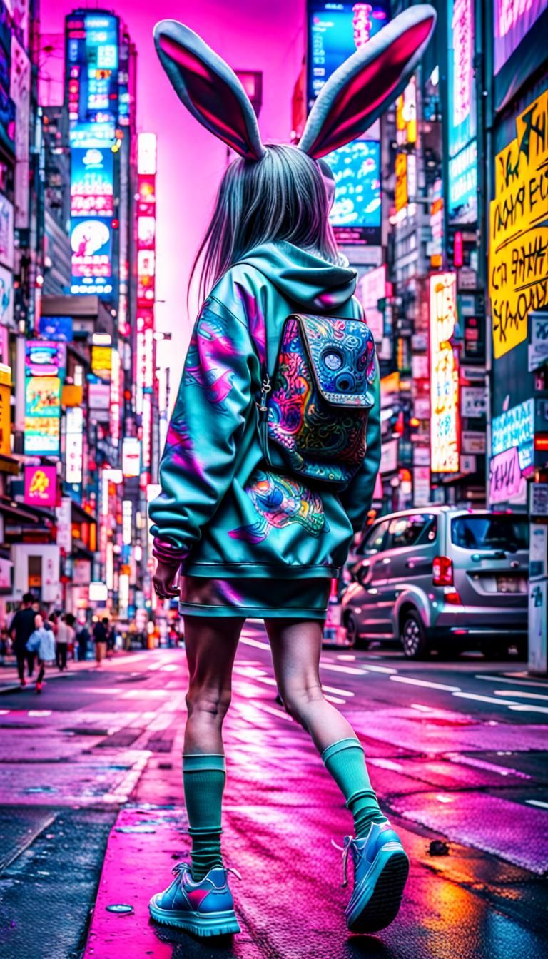 Cyber rabbit girl walking through the streets of Tokyo vaporwave 80's ...