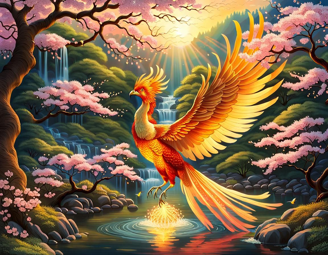 An enchanting scene where a majestic phoenix gracefully emer...