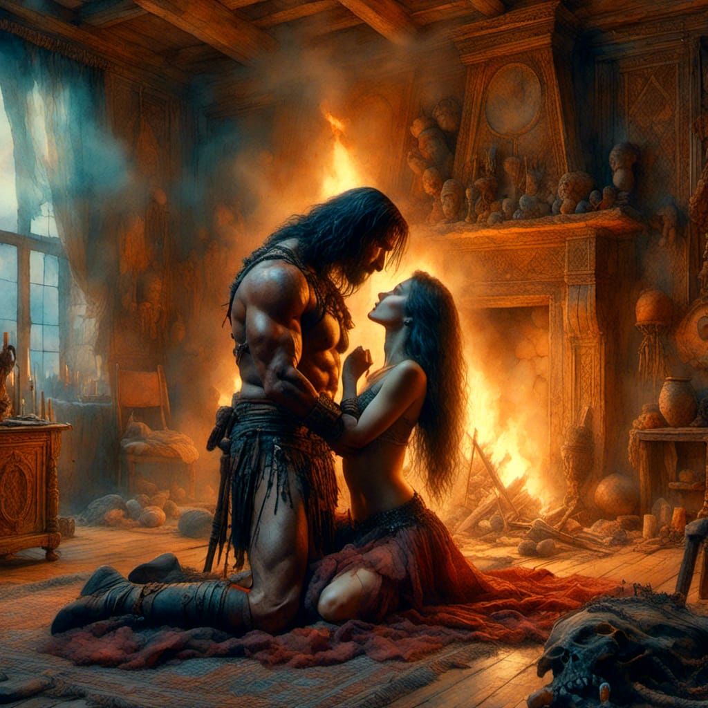 <lora:Barbarian Hero Style:1.0> the watercolor painting of an Conan the Barbarian kissing woman in room tawern, night, flames, in the style...