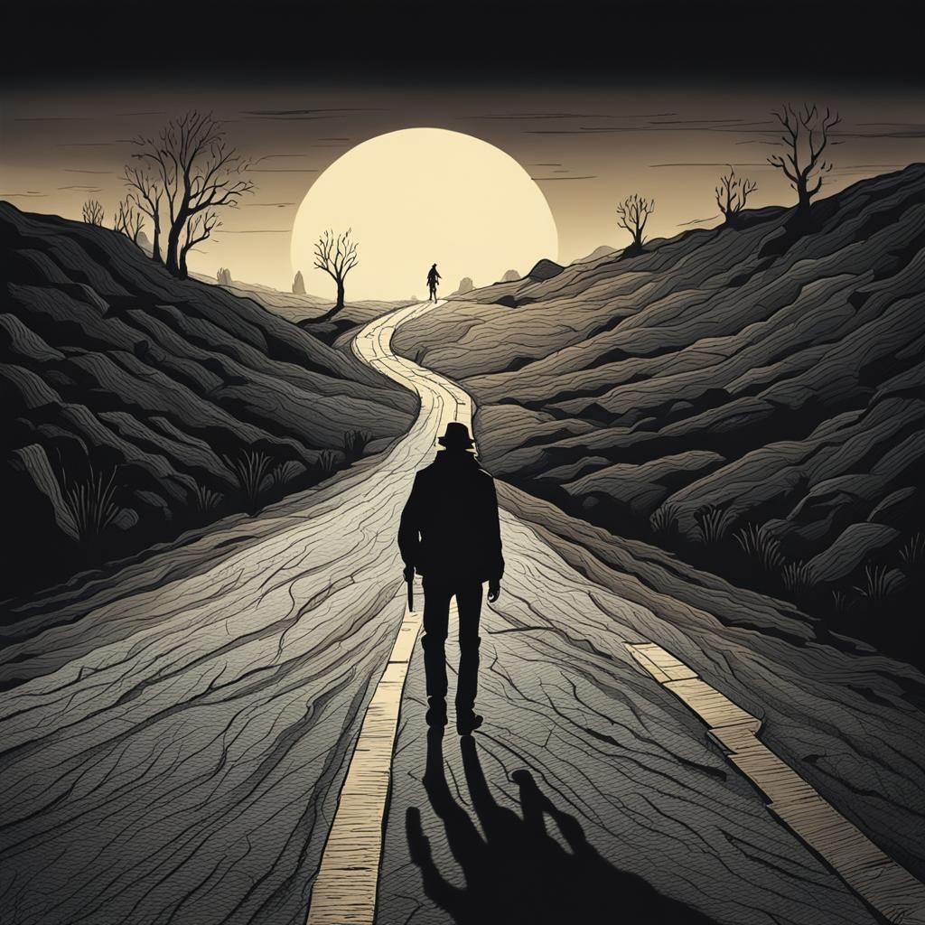 Hitchhiker on Dark Road: Minimalist Impasto Silhouette