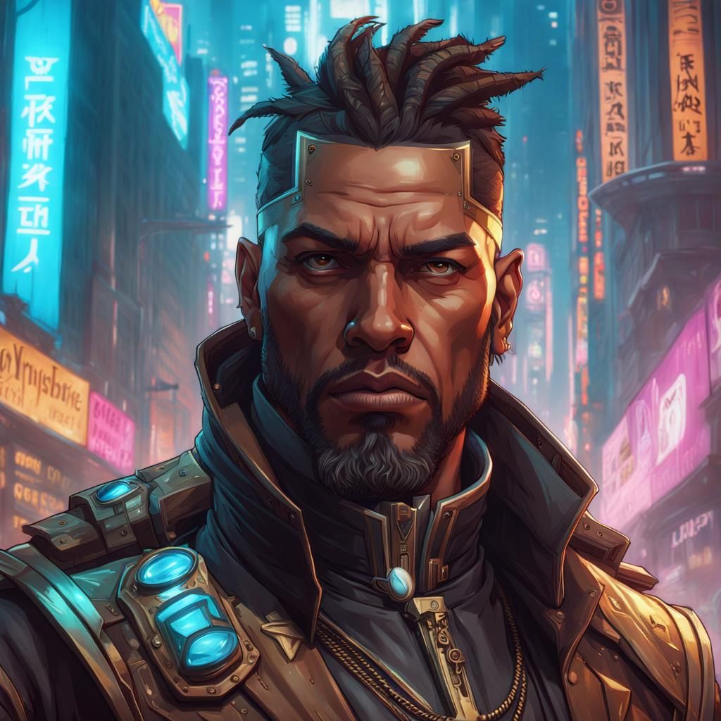 A mugshot of a brown human cleric in a fantasy biopunk cyberpunk world ...